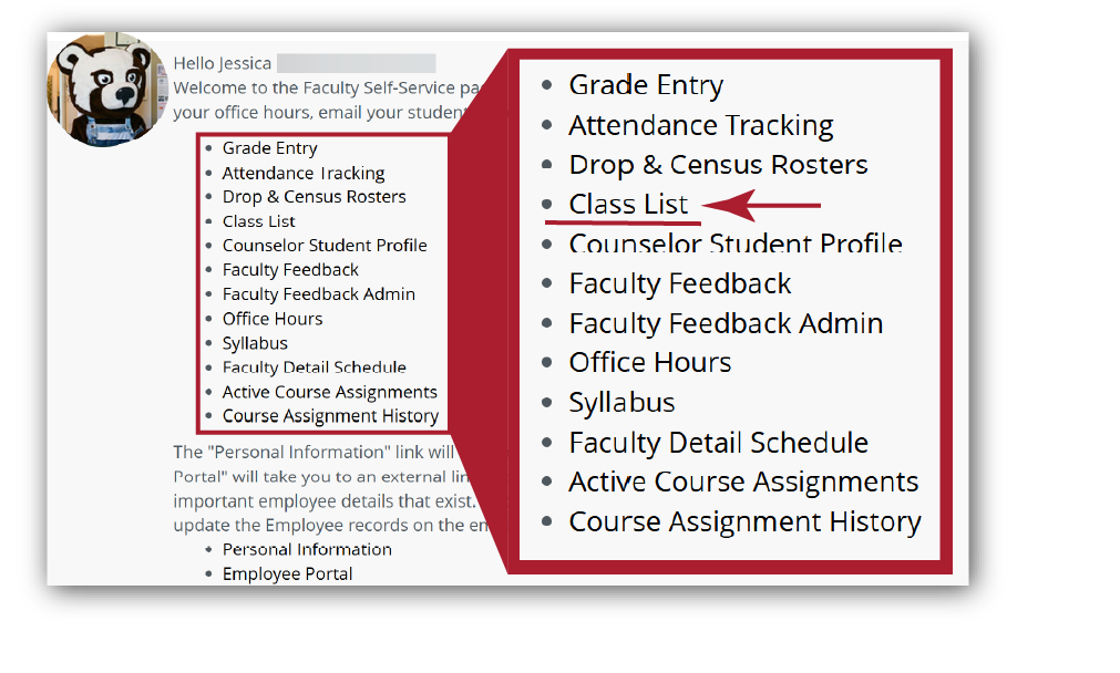 The faculty dashboard with the class list option emphasized with an arrow