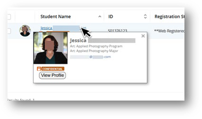 Pop up window with a student image and information