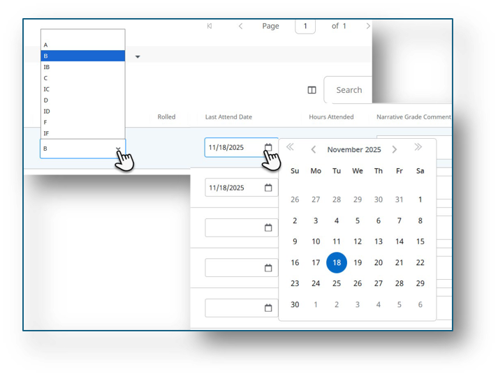 Entering the grade dropdown menu and the last date attended calendar