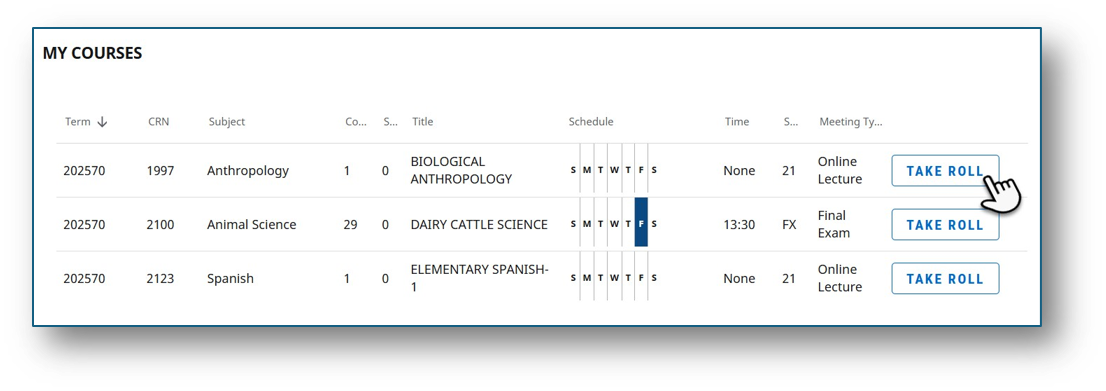 The take roll button to the right of the listed classes in the My Courses page