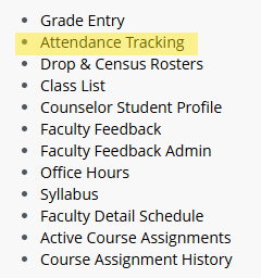 The faculty services landing page options with attendance tracking selected