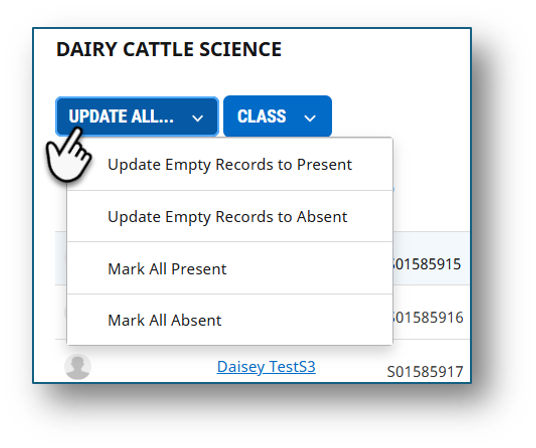The Update All button when finished taking attendance is at the top right of the page