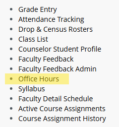 The faculty services landing page options with office hours selected