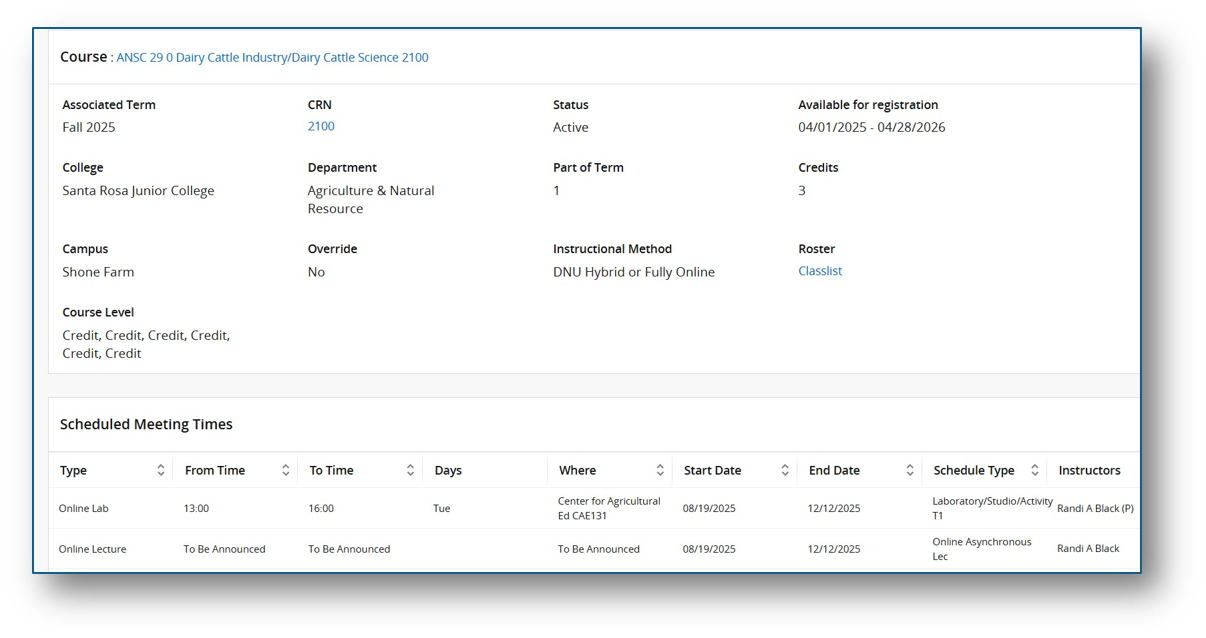 A sample view of the faculty detail schedule