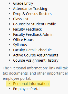 The faculty services landing page options with personal information selected