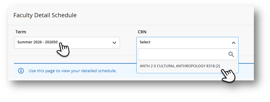 Term selection is the left menu and CRN is the right menu