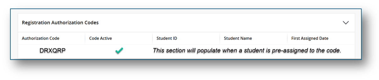 Authorization codes are on the left. The next column notes if code is active along with student info