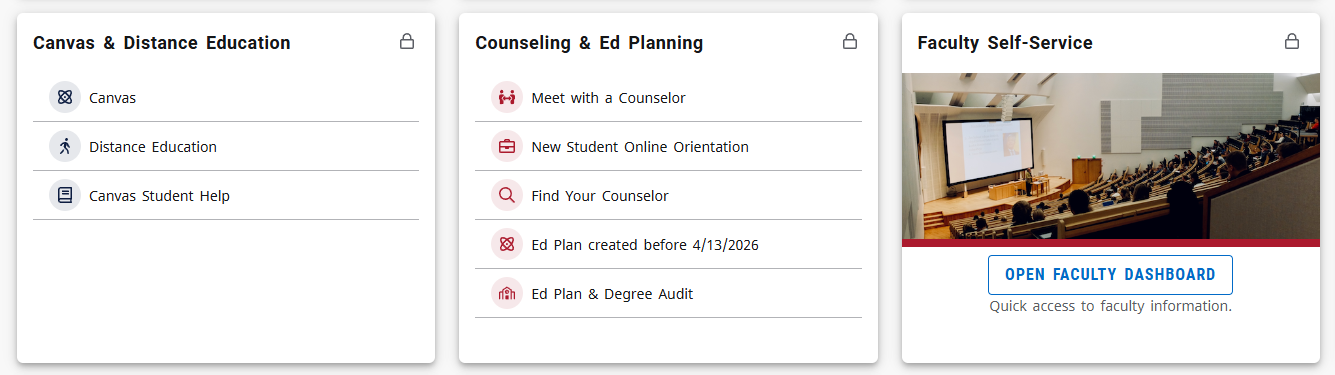 Three Banner cared examples: Canvas & Distance Ed, Counseling, Faculty Self-Service