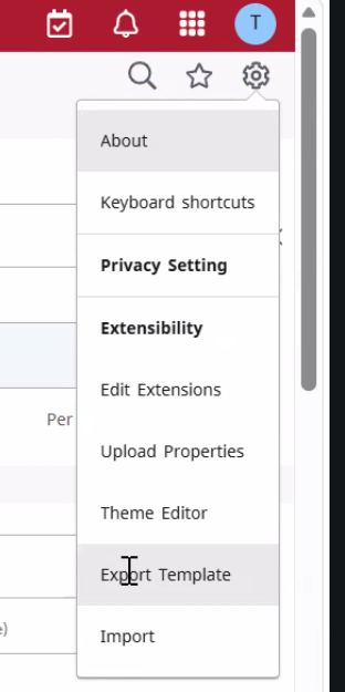 Export template in menu list.