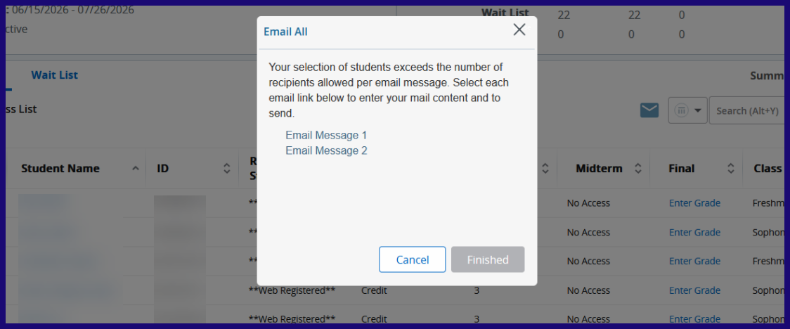Screenshot of pop-up about email recipient maximums.
