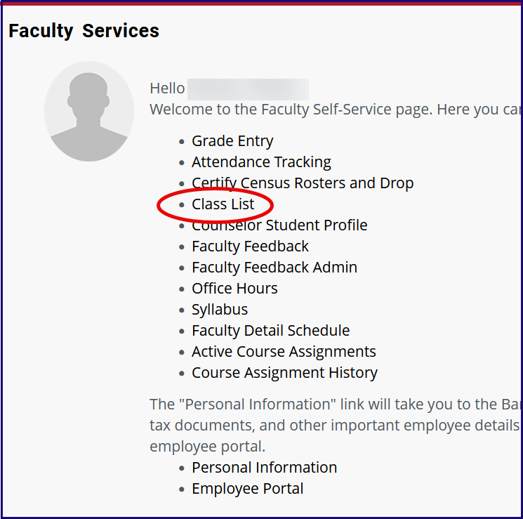 class list menu item location on the faculty self service menu.
