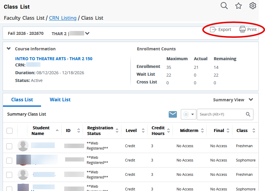 The export and print buttons on the Class List area.
